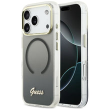 Заредете изображение във визуализатора на галерията – GUESS case for IPHONE 17 Pro compatible with MagSafe GUHMP17L5HTGMCSK (IML Gradient Script Metal) black
