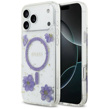Заредете изображение във визуализатора на галерията – GUESS case for IPHONE 17 Pro Max compatible with MagSafe GUHMP17XRBFGFGMU (Resin Flowers and Glitter) purple
