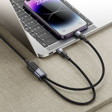 Заредете изображение във визуализатора на галерията – HOCO cable 2in1 Type C to Type C + Lightning 5A 100W U139 1,2 m black

