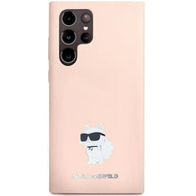Заредете изображение във визуализатора на галерията – Original Pouch KARL LAGERFELD  hardcase Silicone Choupette Metal Pin KLHCS24LSMHCNPP for Samsung Galaxy S24 Ultra pink
