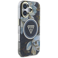 Заредете изображение във визуализатора на галерията – GUESS case for IPHONE 16 compatible with MagSafe GUHMP16SHFLPEDK (IML Metal Glitter Flowers Triangle) black
