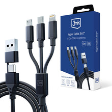 Заредете изображение във визуализатора на галерията – 3mk Hyper Cable 3in1 USB-A - USB-C / USB-C - micro USB - Lightning 1.5m - black
