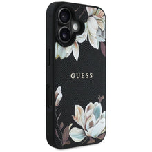 Заредете изображение във визуализатора на галерията – GUESS case for IPHONE 16 compatible with MagSafe GUHMP16SPGNMPLMK (PU Grained Flowers Classic Logo) black
