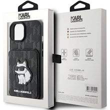 Заредете изображение във визуализатора на галерията – Karl Lagerfeld Saffiano Cardslots and Stand Monogram Choupette case for iPhone 15 - black
