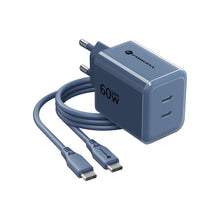 Заредете изображение във визуализатора на галерията – Phone charger Forcell F-Energy GaN III Crystal Color 2x USB C AVS SSFC3.0 60W + silicone cable USB C to USB C VT-60 dark blue
