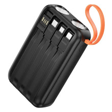 Заредете изображение във визуализатора на галерията – Powerbank Hoco 10000 mAh with built-in cables USB A + USB C+ Lightning + Micro USB and double light J151 black

