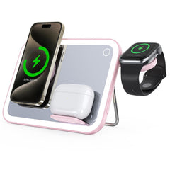 Безжично зарядно FORCELL F-ENERGY Mag Mirror 15W 3 in 1 с MagSafe, за Apple Watch / Samsung Watch / Airpods - розово