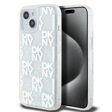 Заредете изображение във визуализатора на галерията – DKNY case for IPHONE 15 DKHCP15SLCPEPT (DKNY HC Liquid Glitters W/Checkered Pattern) white
