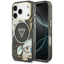 Заредете изображение във визуализатора на галерията – GUESS case for IPHONE 17 Pro Max compatible with MagSafe GUHMP17XHFLPEDK (IML Metal Glitter Flowers Triangle) black
