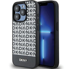 Заредете изображение във визуализатора на галерията – Original Case DKNY hardcase Leather Printed Pattern Metal Logo MagSafe DKHMP15XPSOSPK for Iphone 15 Pro Max black
