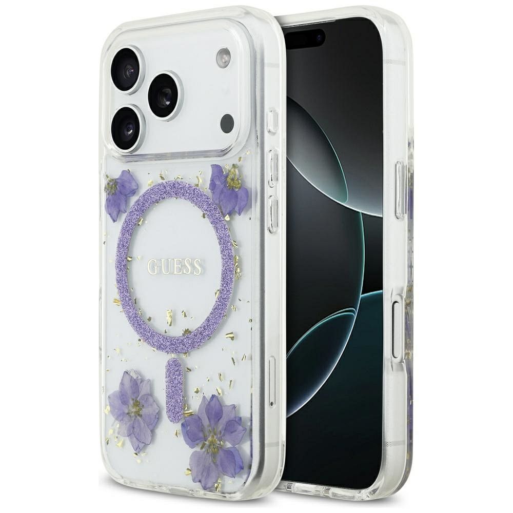GUESS case for IPHONE 17 Pro compatible with MagSafe GUHMP17LRBFGFGMU (Resin Flowers and Glitter) purple