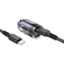 Заредете изображение във визуализатора на галерията – Borofone Car charger BZ29A Talented - USB + Type C - QC 3.0 PD 36W 3A with Type C to Type C transparent-purple
