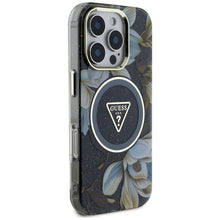 Заредете изображение във визуализатора на галерията – GUESS case for IPHONE 16 Pro compatible with MagSafe GUHMP16LHFLPEDK (IML Metal Glitter Flowers Triangle) black
