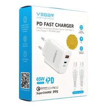 Заредете изображение във визуализатора на галерията – Phone charger VEGER USB A + Typ C PD QC3.0 3,25A 65W + cable USB C to USB C TR67 white
