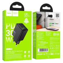 Заредете изображение във визуализатора на галерията – HOCO wall charger USB A + Type C PD QC3.0 AFC 3A 30W N71 black
