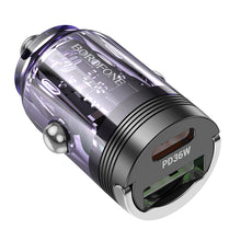 Заредете изображение във визуализатора на галерията – Borofone Car charger BZ29A Talented - USB + Type C - QC 3.0 PD 36W 3A transparent-purple
