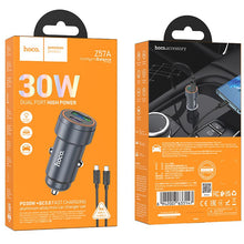 Заредете изображение във визуализатора на галерията – Car charger Hoco USB A + USB C QC3.0 PD 30W + cable USB C to USB C Z57A black
