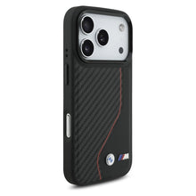 Заредете изображение във визуализатора на галерията – BMW case for IPHONE 17 Pro compatible with MagSafe BMHMP17L25PCCSCKR (PU Carbon Line &amp; Logo) red
