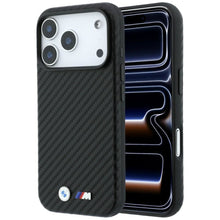 Заредете изображение във визуализатора на галерията – BMW case for IPHONE 18 Pro/17 Pro compatible with MagSafe (Carbon Metal Logo) black 
