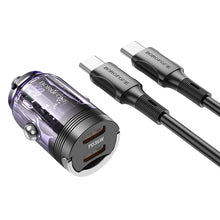Заредете изображение във визуализатора на галерията – Borofone Car charger BZ29B Outstanding - 2xType C - PD 36W 3A with Type C to Lightning cable transparent-purple
