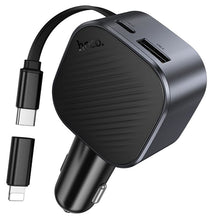 Заредете изображение във визуализатора на галерията – Car charger Hoco USB A + USB C PD QC3.0 45W with retractable cable USB C Z68 black
