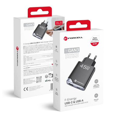 FORCELL F-ENERGY GaN III B245202(1A1C) Ultra Slim travel charger 1 x Typ C + 1 x USB A PD QC4.0 3A 45W black