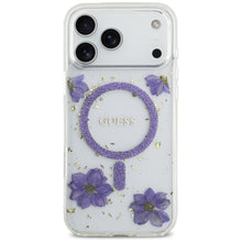 Заредете изображение във визуализатора на галерията – GUESS case for IPHONE 17 Pro Max compatible with MagSafe GUHMP17XRBFGFGMU (Resin Flowers and Glitter) purple
