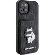 Заредете изображение във визуализатора на галерията – Karl Lagerfeld Saffiano Cardslots and Stand Monogram Choupette case for iPhone 15 - black
