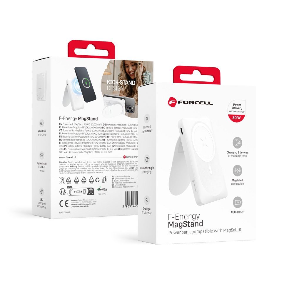 FORCELL F-ENERGY F10K2 MagStand преносима батерия, съвместима с MagSafe PD QC3.0 5A 20W 10 000 mAh бяла