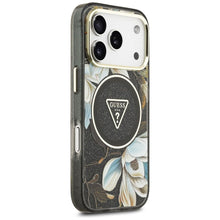 Заредете изображение във визуализатора на галерията – GUESS case for IPHONE 17 Pro Max compatible with MagSafe GUHMP17XHFLPEDK (IML Metal Glitter Flowers Triangle) black
