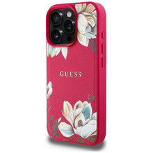 Заредете изображение във визуализатора на галерията – GUESS case for IPHONE 16 Pro Max compatible with MagSafe GUHMP16XPGNMPLMF (PU Grained Flowers Classic Logo) fuschia
