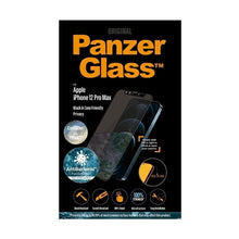 Заредете изображение във визуализатора на галерията – PanzerGlass E2E Microfracture Antibacterial Privacy Glass with Camera Protector for iPhone 12 Pro Max - With Black Frame
