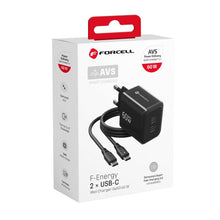 Заредете изображение във визуализатора на галерията – Phone charger Forcell F-Energy GaN III Crystal Color 2x USB C AVS SSFC3.0 60W + silicone cable USB C to USB C VT-60 black
