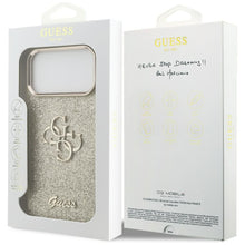 Заредете изображение във визуализатора на галерията – GUESS case for IPHONE 17 Pro Max GUHCP17XHG4SGCD (Fixed Glitter Big 4G Metal Frame) gold
