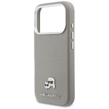 Заредете изображение във визуализатора на галерията – KARL LAGERFELD case for IPHONE 17 Pro compatible with MagSafe KLHMP17L6PFKCLG (PU FW W/ K&amp;C Head Pin) gray
