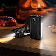 Заредете изображение във визуализатора на галерията – Powerbank 20000 mAh QC PD 22,5W with built-in cables USB A + USB C+ Lightning + Micro USB and two lights Hoco J173 black

