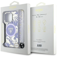 Заредете изображение във визуализатора на галерията – GUESS case for IPHONE 16 Pro compatible with MagSafe GUHMP16LHPCTPLSU (IML Palm Trees Triangle W/ Pearl Strap) purple
