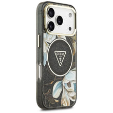 Заредете изображение във визуализатора на галерията – GUESS case for IPHONE 17 Pro compatible with MagSafe GUHMP17LHFLPEDK (IML Metal Glitter Flowers Triangle) black
