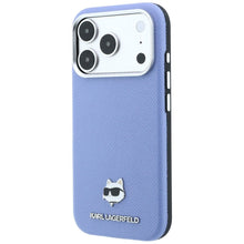 Заредете изображение във визуализатора на галерията – KARL LAGERFELD case for IPHONE 18 Pro/ 17 Pro compatible with MagSafe (Grained Choupette Head Metal) light blue
