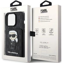 Заредете изображение във визуализатора на галерията – Karl Lagerfeld Saffiano Cardslots and Stand Monogram Ikonik Patch case for iPhone 15 Pro - black
