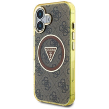 Заредете изображение във визуализатора на галерията – GUESS case for IPHONE 16 compatible with MagSafe GUHMP16SHG4PRTGW (IML Metal Glitter 4G Circle Triangle) brown
