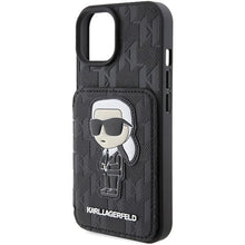 Заредете изображение във визуализатора на галерията – Karl Lagerfeld Saffiano Cardslots and Stand Monogram Ikonik Patch case for iPhone 15 - black
