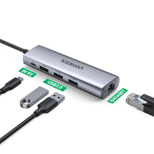 Заредете изображение във визуализатора на галерията – Ugreen CM266 60812 5in1 USB-A 3.0 - RJ45 / 3x USB-A 3.0 / micro USB adapter - gray

