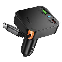 Заредете изображение във визуализатора на галерията – Car charger Hoco wit retractable cable 2 x USB C + USB A QC PD 65W NZ18 black
