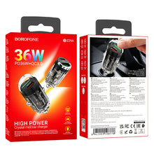 Заредете изображение във визуализатора на галерията – Borofone Car charger BZ29A Talented - USB + Type C - QC 3.0 PD 36W 3A transparent-black

