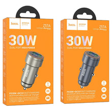 Заредете изображение във визуализатора на галерията – HOCO car charger USB A + Type C PD QC3.0 3A 30W Z57A metal gray
