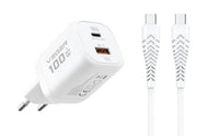 Мрежово зарядно VEGER USB A + Type C PD Super Charge PPS 100W + кабел за данни Type C към C 240W TR150 - бяло – снимка 2