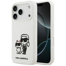 Заредете изображение във визуализатора на галерията – KARL LAGERFELD case for IPHONE 17 Pro compatible with MagSafe KLHMP17LSKCGRGOH (Silicone W/ K&amp;C Sketch &amp; Logo) white
