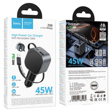Заредете изображение във визуализатора на галерията – Car charger Hoco USB A + USB C PD QC3.0 45W with retractable cable USB C Z68 black
