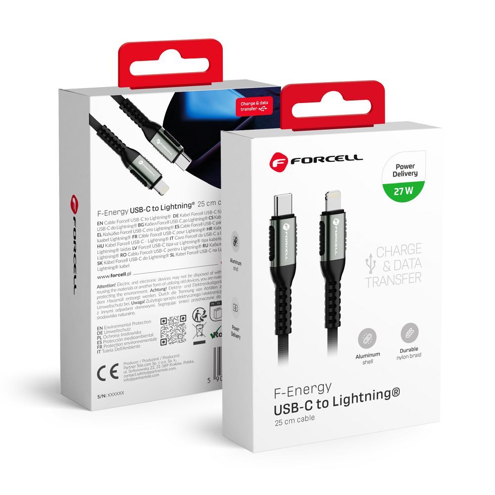 FORCELL F-ENERGY C259 cable Type C to Lightning PD 3A 27W Cafule 0,25 m black